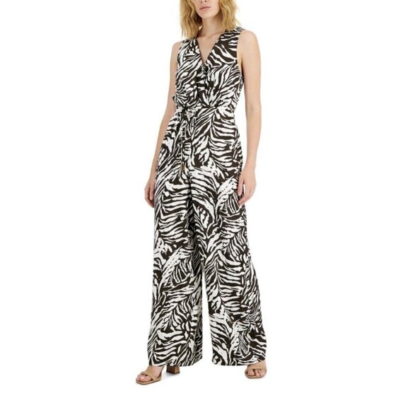 Inc wide leg Jumpsuit Size 6 Brown white Satin tropical animal print NWT - Picture 1 of 16
